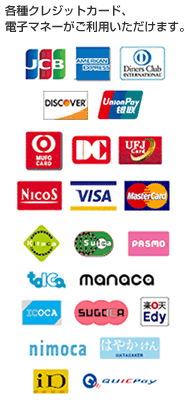 各種クレジットカード、電子マネーがご利用いただけます。